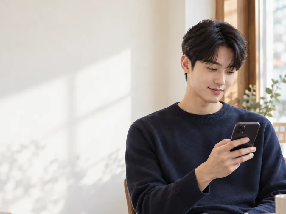 의자에 앉아 휴대전화로 급여일을 확인하는 남성