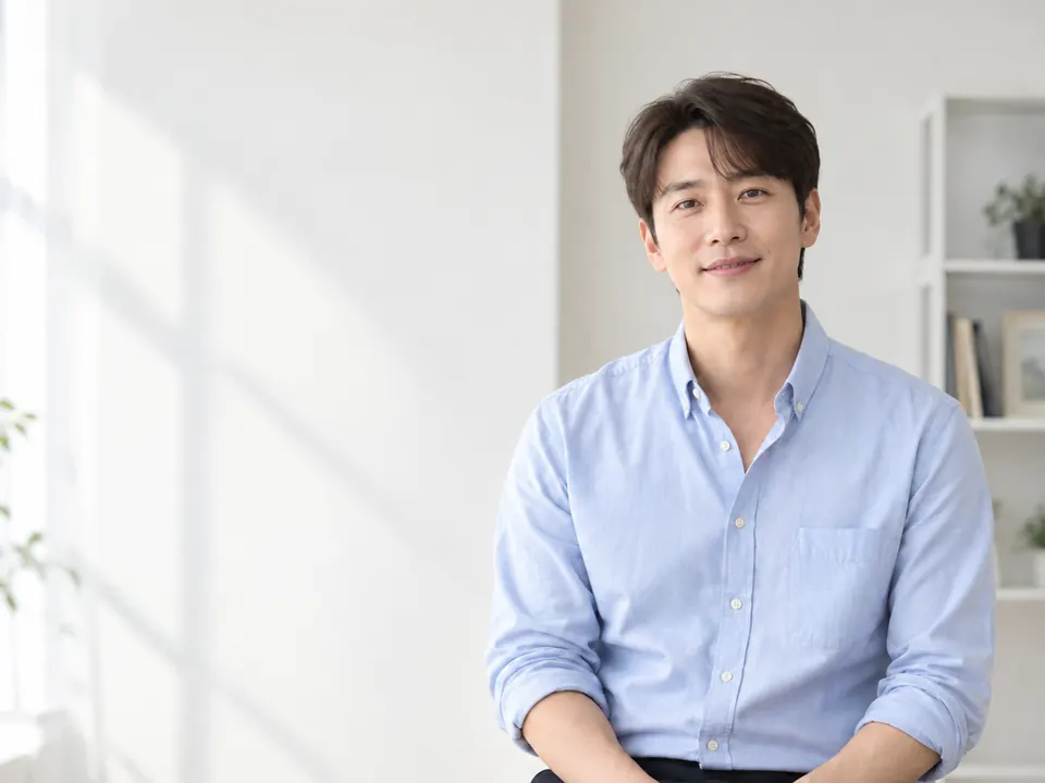 의자에 앉아 차분히 이야기를 듣는 남성