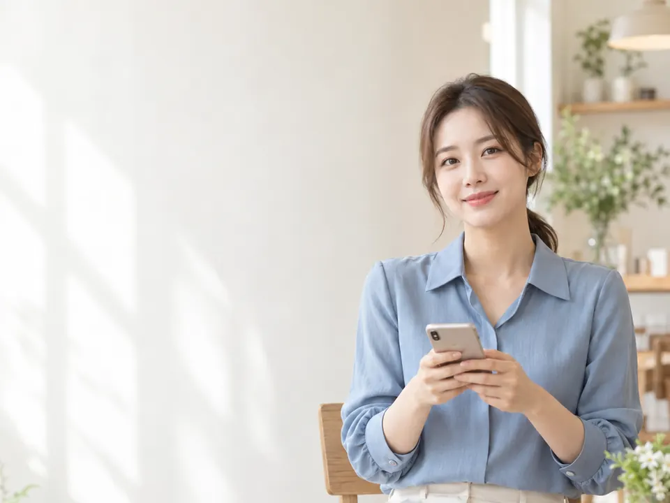 식탁에 앉아 휴대전화로 상담 내용을 확인하는 여성