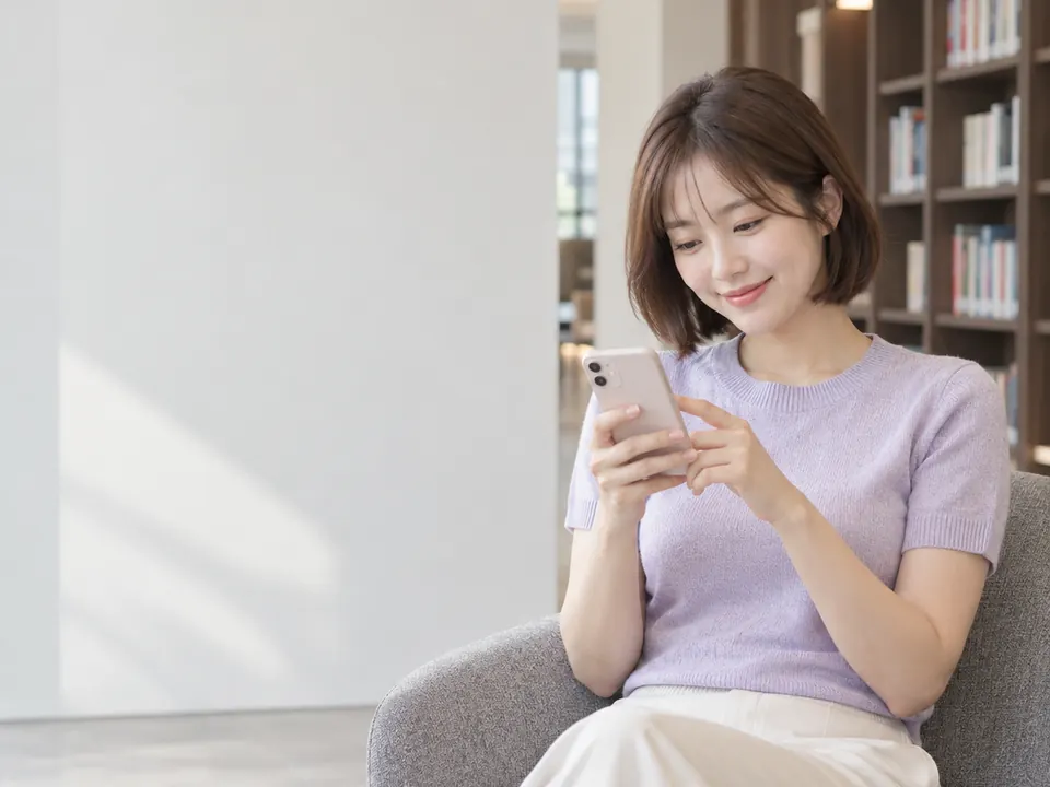 편한 의자에 앉아 휴대전화로 메시지를 쓰는 여성