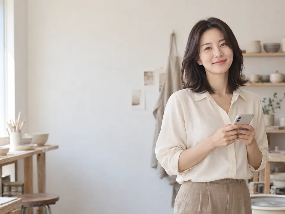 작업실에서 휴대전화 메모를 확인하는 여성