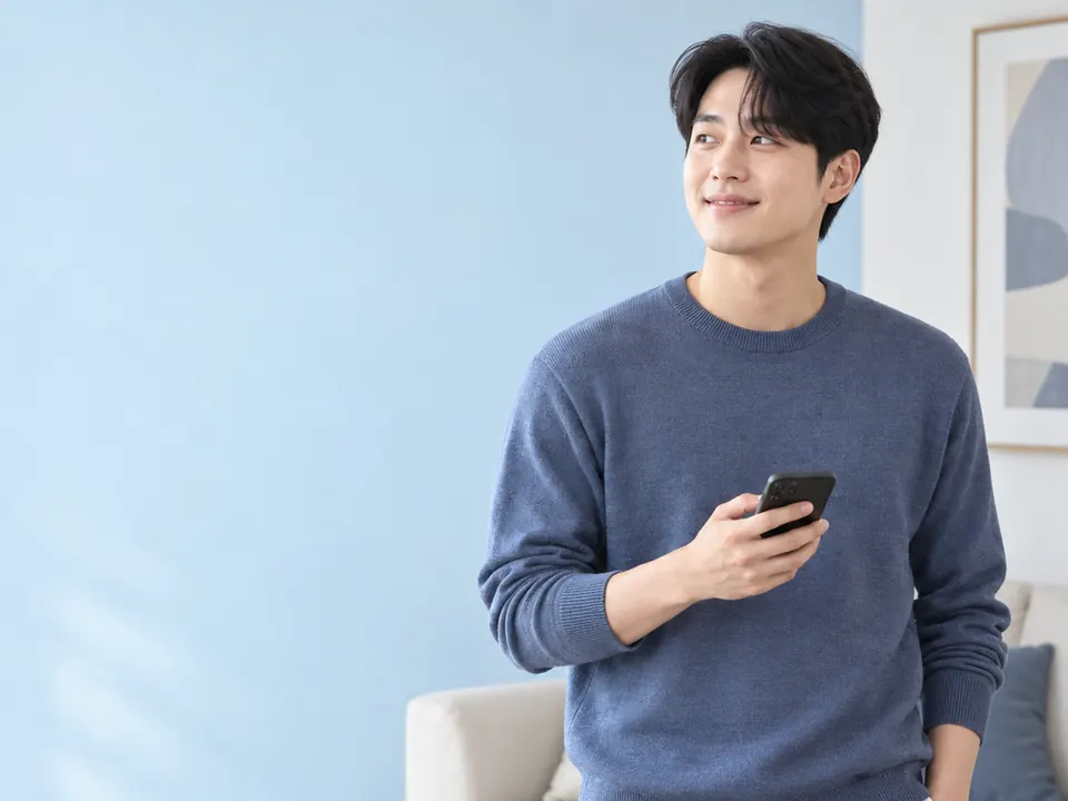 거실에서 휴대전화를 들고 생각에 잠긴 남성