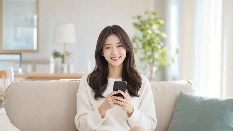 거실 소파에서 휴대전화로 계약 내용을 다시 읽는 여성
