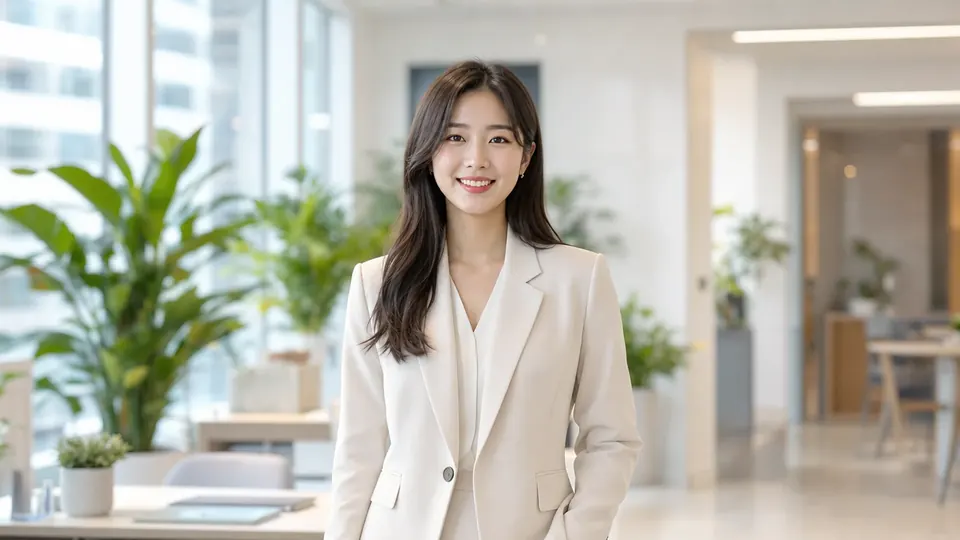 밝은 사무실에서 웃고 있는 직장인 여성