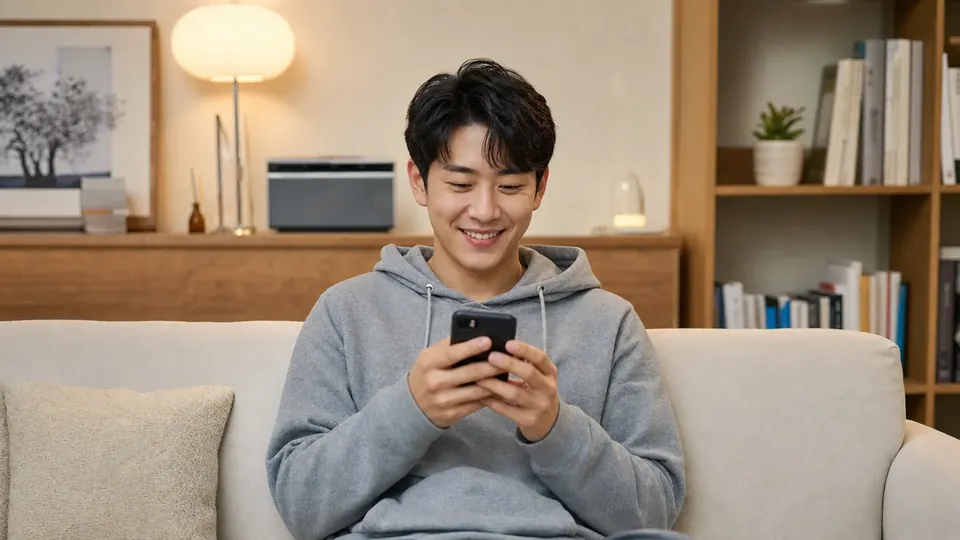 소파에 앉아 휴대전화로 납입 금액을 살펴보는 남성