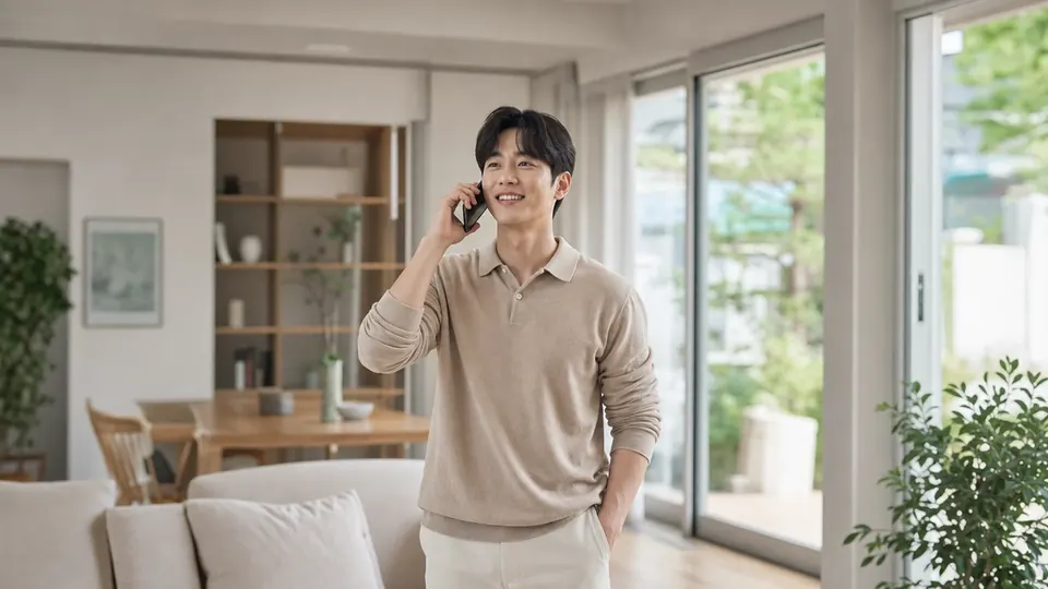 집에서 휴대전화로 첫 상담 전화를 거는 남성