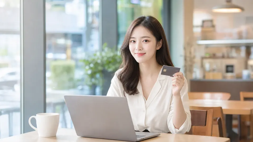 노트북 앞에서 카드를 들고 결제를 정리하는 여성
