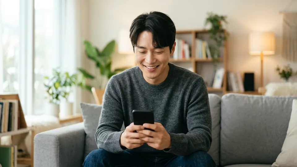 집에서 휴대전화로 다음 납입일을 확인하는 남성