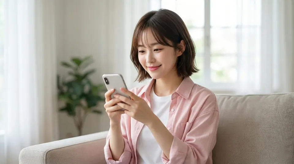 소파에 앉아 휴대전화로 업체 정보를 찾아보는 여성