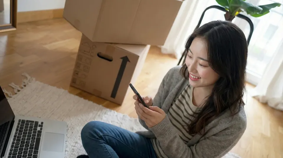 이삿짐 상자 옆에서 휴대전화를 보는 여성
