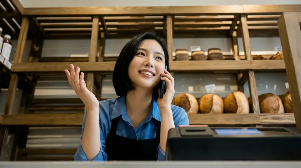 빵집 진열대 앞에서 통화하는 사장님