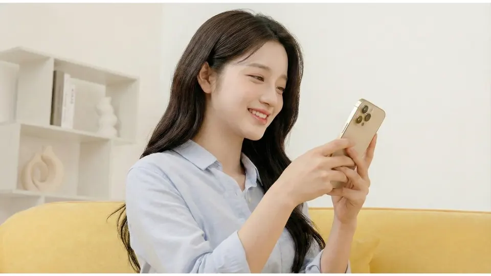 노란 소파에서 휴대전화로 상담 문자를 확인하는 여성