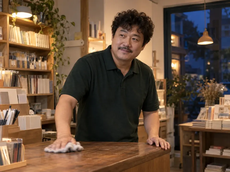 영업을 마친 서점에서 정리하는 사장님