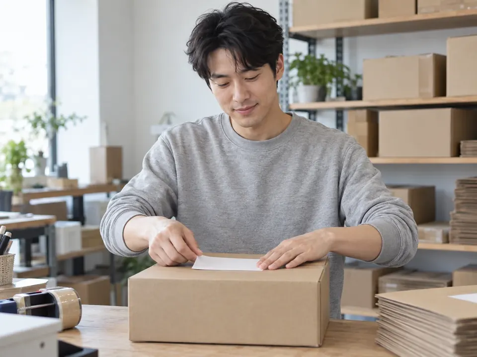 작업대에서 택배 상자를 포장하는 사장님