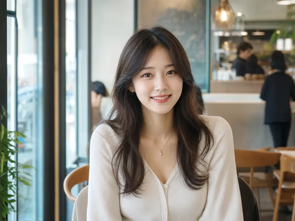 창가 카페에서 미소 짓는 여성