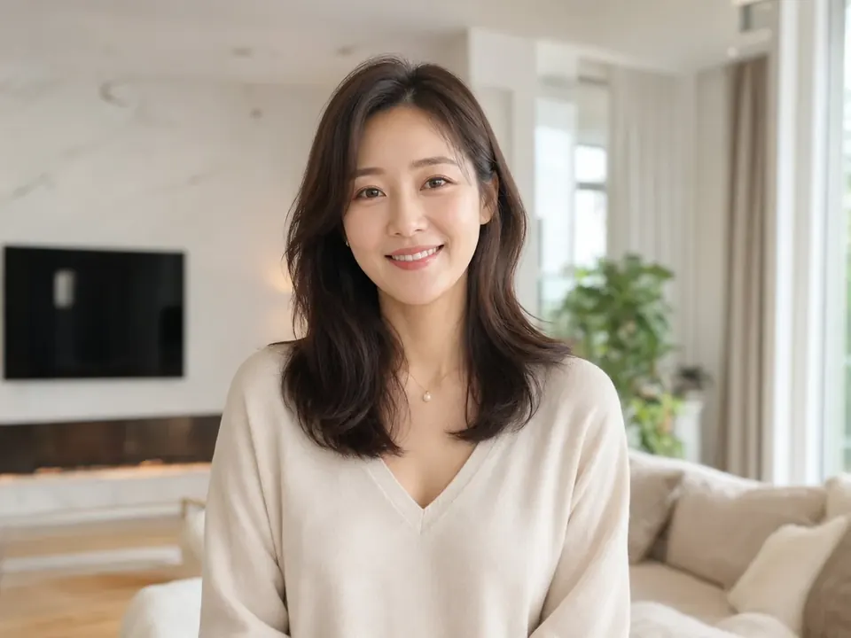 거실에서 편안하게 웃는 여성