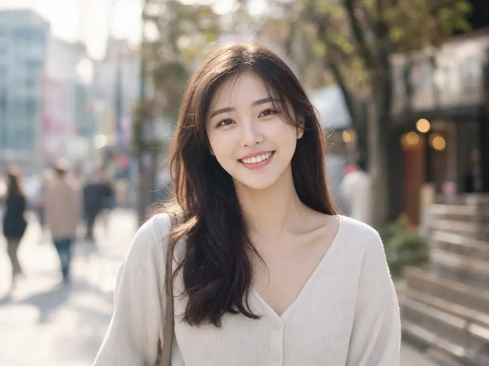 거리에서 밝게 웃는 여성