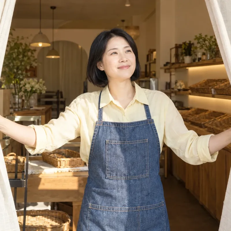가게 문을 열고 손님을 맞이하는 사장님