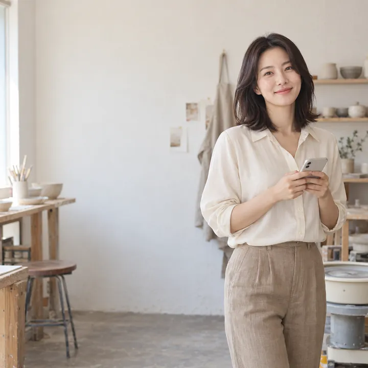 작업실에서 휴대전화 메모를 확인하는 여성