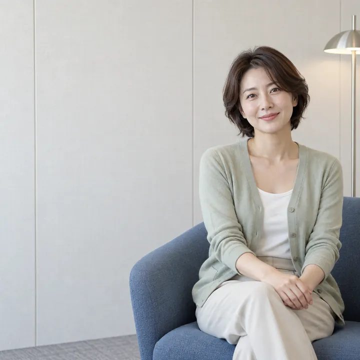 소파에 앉아 차분히 미소 짓는 여성